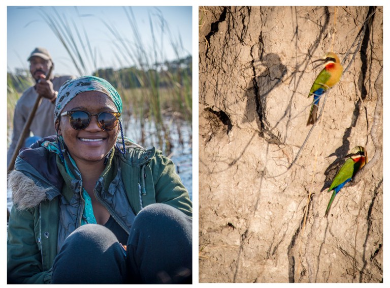 Vuyi smiles on her first mokoro trip and white-fronted bee-eaters perch beside their homes in the riverbank.