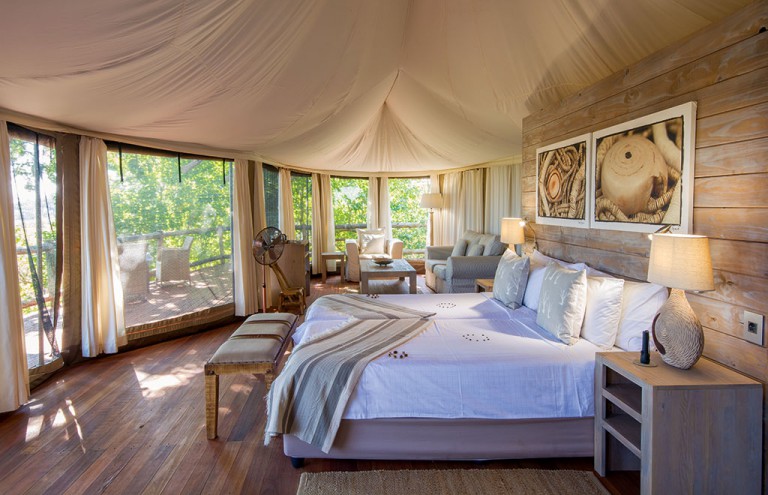 Nambwa Tented Lodge is beautifully decorated in chic earth tones.