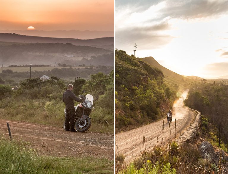 Motorbike routes: LEFT: Nearly home. A quick stop to check out the sunset, a few kilometres from Boggomsbaai; RIGHT The gravel road from Caledon to Greyton was so spectacular we went back to ride it again... and again.