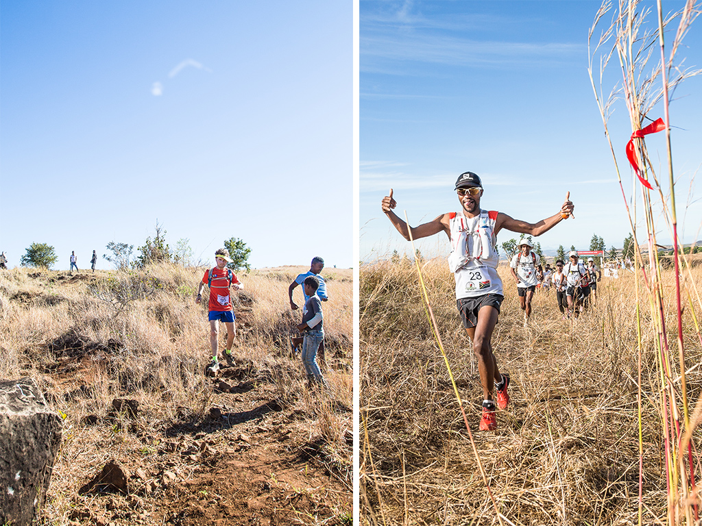LEFT SA-runner Gavin Sacks navigating the rocky descent south of Crocodile Lake; RIGHT Thabang and his tongue - always out, always excited.