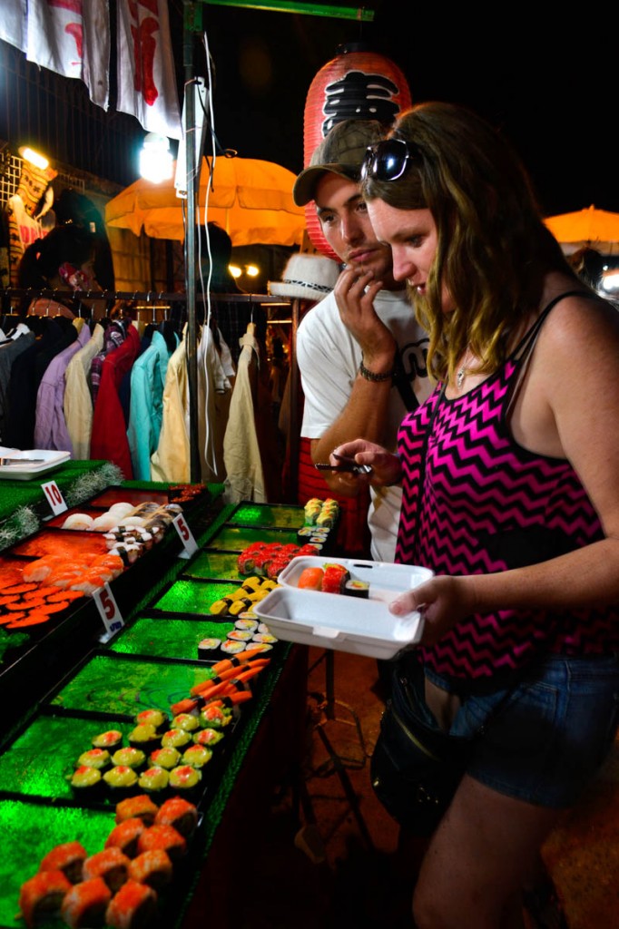 Colourful sushi on offer at the enormous Saturday night market in Chiang Mai. Photo by Melanie van Zyl
