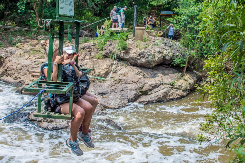 The cable car takes two hikers at a time and trolleys you over to the finish line. Photo by Melanie van Zyl. 