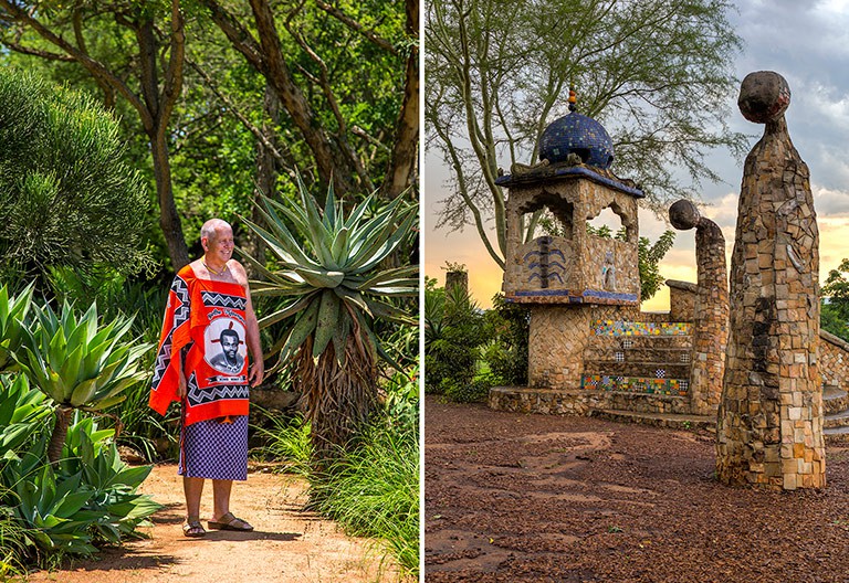 Senator Mike stands in the garden at Malandelas. These huge stone sculptures are a striking feature at House on Fire.