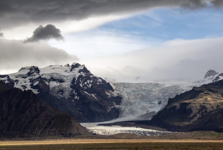 Falljökull, one of the many fingers of Icelands largest glacier, Vatnajökull creates an intimidating vista on the national road as you approach the Skaftafell National Park.