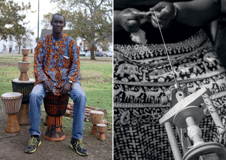 Babakar Diop wears on of his made-to-order shirts while silk is spun into beautiful goods by staff at African Silks. - Photo by Vuyi Qubeka