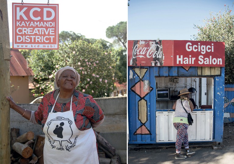 Mamma Swartbooi outside her home in Swartbooi Street and guide, Thembi Koli chats to a friend at a hair salon in Kayamandi. - Photos by Vuyi Qubeka
