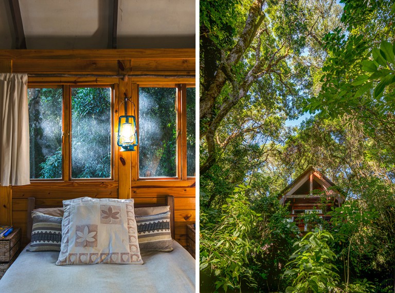 These cabins are a five minute walk into this thick forest and feel like a tree-house hideaway where you could sit for ages writing or listening to birdsong. 