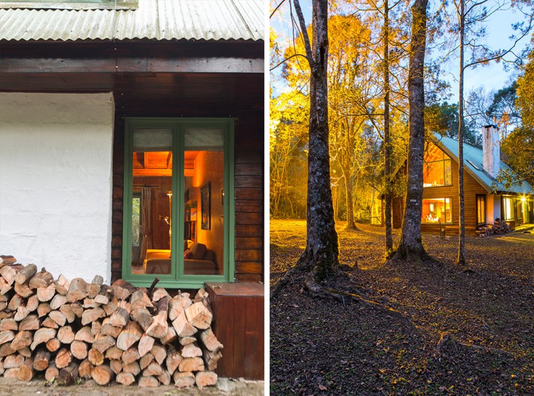 Surrounded by forest and ideal for winter, where you can light a fire and nestle into your log cabin with a cup of coffee. In summer months there are great hikes and rivers nearby to explore. 