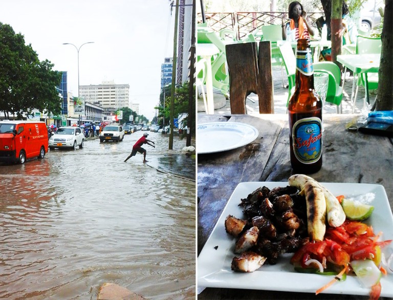 LEFT After the rain, a waterlogged Samora Avenue as a result of Dars bad drainage system; RIGHT Nyama choma (braai meat) is a favourite at the Jollies Club Isumba Lounge.