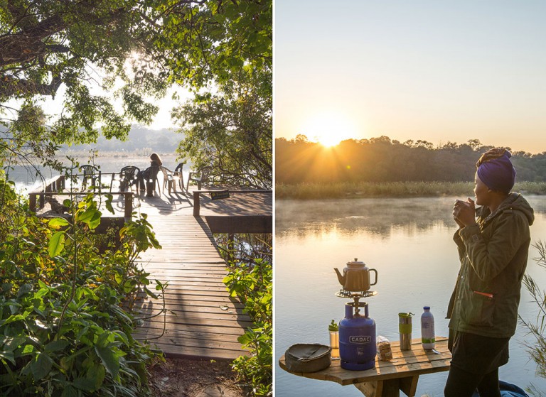 LEFT Ngepi Camp. RIGHT Me, enjoying a cuppa and the rising sun over the Okavango River.