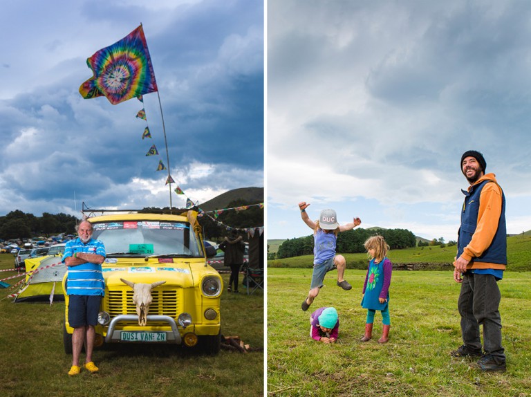 Ivan, on the left, with his iconic van. On the right, kids playing leapfrog down by the River Stage. 