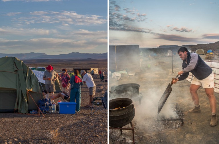 LEFT Blister inspection time. Right Morne Vry cooks over a fire for more than 50 hungry walkers.