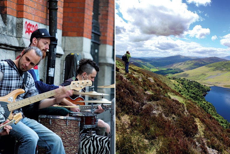Street performers on O'Connell Street; the view over Lough Tay, often called the Guinness Lake, in County Wicklow.  Photos by Elsa Young. 