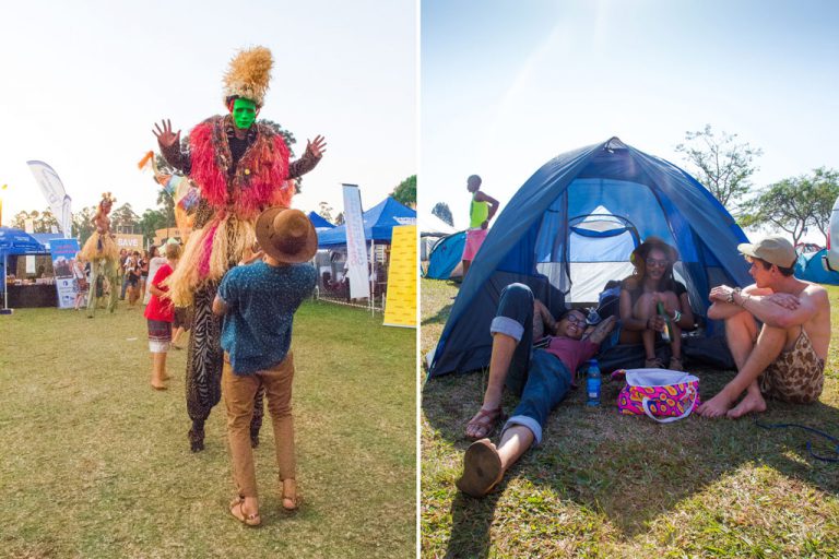 LEFT: Silas had a light moment with a creature on stilts; RIGHT This was us chilling at Silas's doorstep. The dude to the right wondered to our tent and we chilled and exchanged.