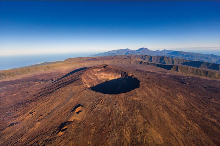 The summit of Piton de la Fournaise, one of the most active volcanoes in the world.