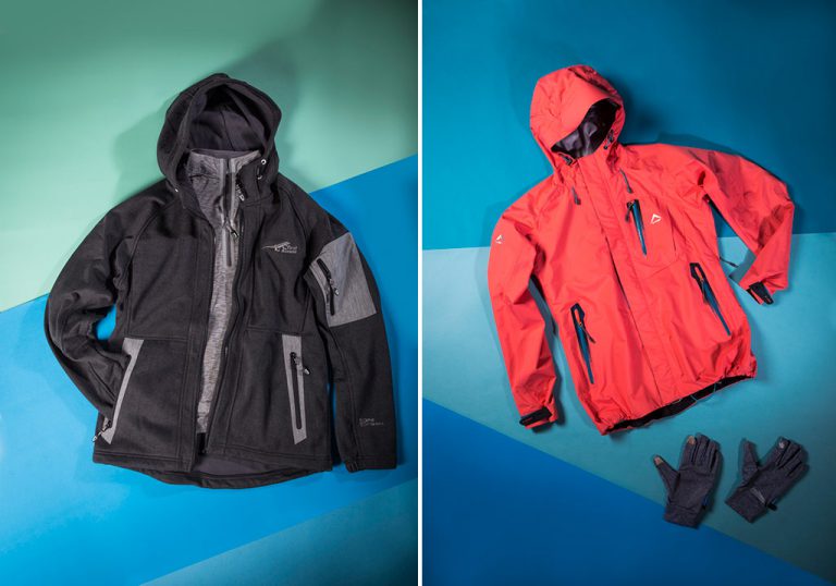Left: the First Ascent X-Trail Zip Top, fitted inside the First Ascent Gravity Jacket.  Right: K-Way Kilimanjaro tri-laminate shell jacket, pictured with the Cape Storm smart touch gloves. 