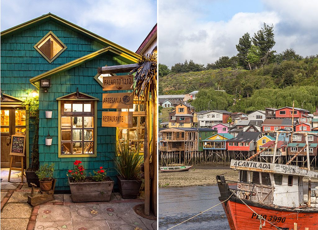 LEFT: Mar y Canela restaurant, in Castro, serves locally sourced food and beer. RIGHT: The stilt-house palafitos of Castro, Chiloe Island.