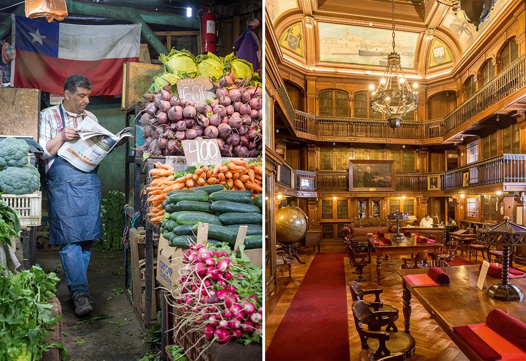 LEFT: There's plenty to see and sample at Santiago's bustling La Vega food market. RIGHT: The stately quiet of the American Library of Jose Toribio Medina.