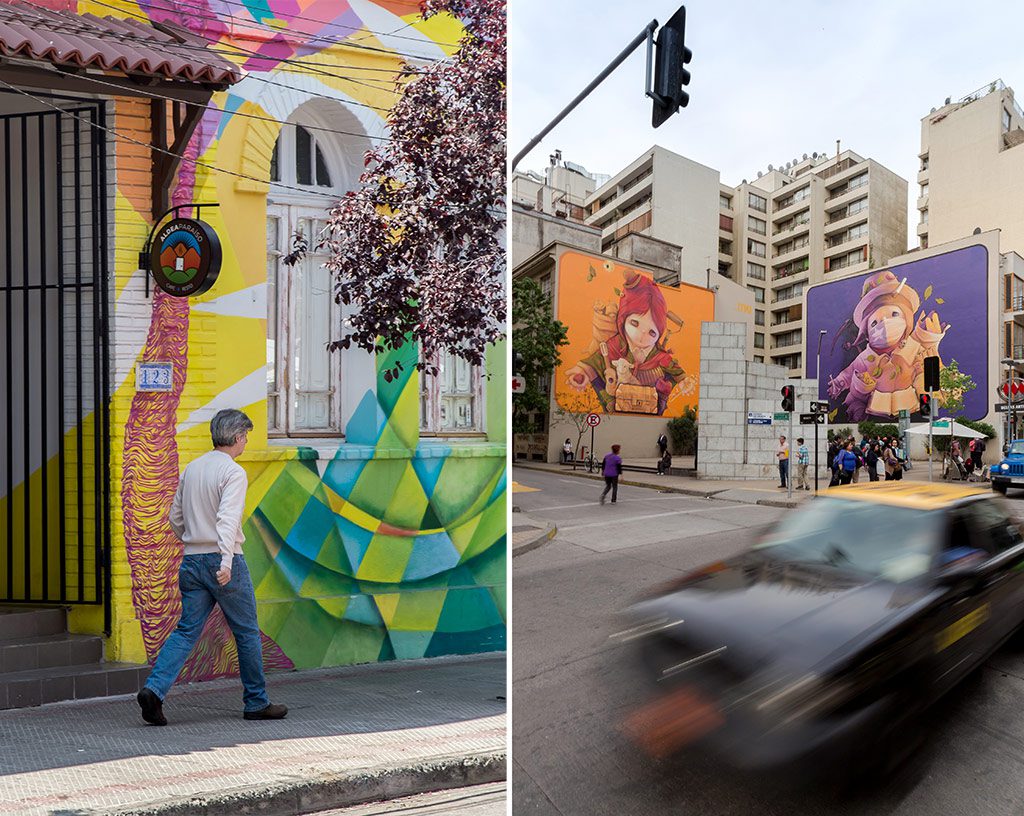 Santiago's streets are bright with street art, including some famous pieces by renowned artist INTI (left).