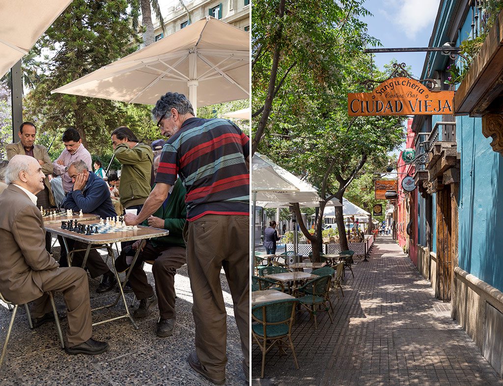 LEFT: Old and young gather to play chess the Plaza de Armas. RIGHT: Strolling the streets of Bella Vista in central Santiago. 