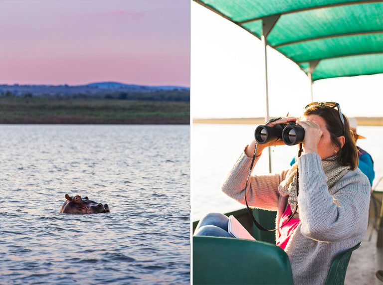 Sonya spying on birds busy by the water's edge, while a curious hippo watched us float past. 