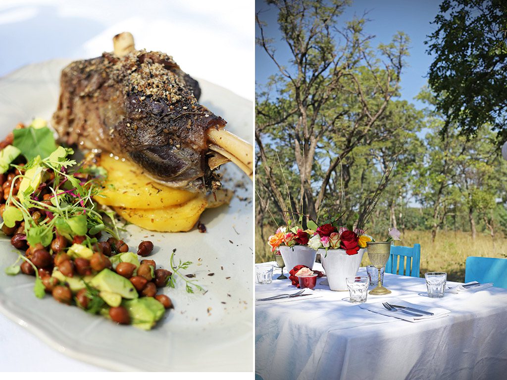 Three-course meals are served from the veld kitchen: here are slow-roasted lamb shanks with dukkah, potato bake and a salad of brown chickpeas and avo. Photos by Brandon de Kock. 