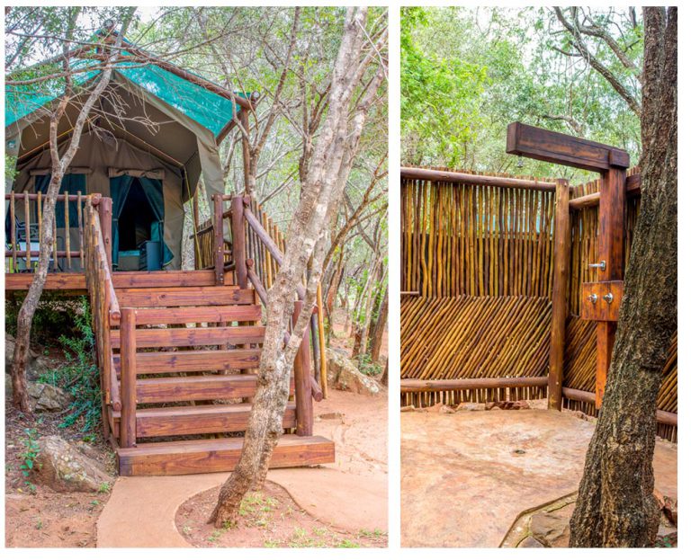 The raised platform and outdoor shower at Lindani Tented Camp. Photo by Melanie van Zyl
