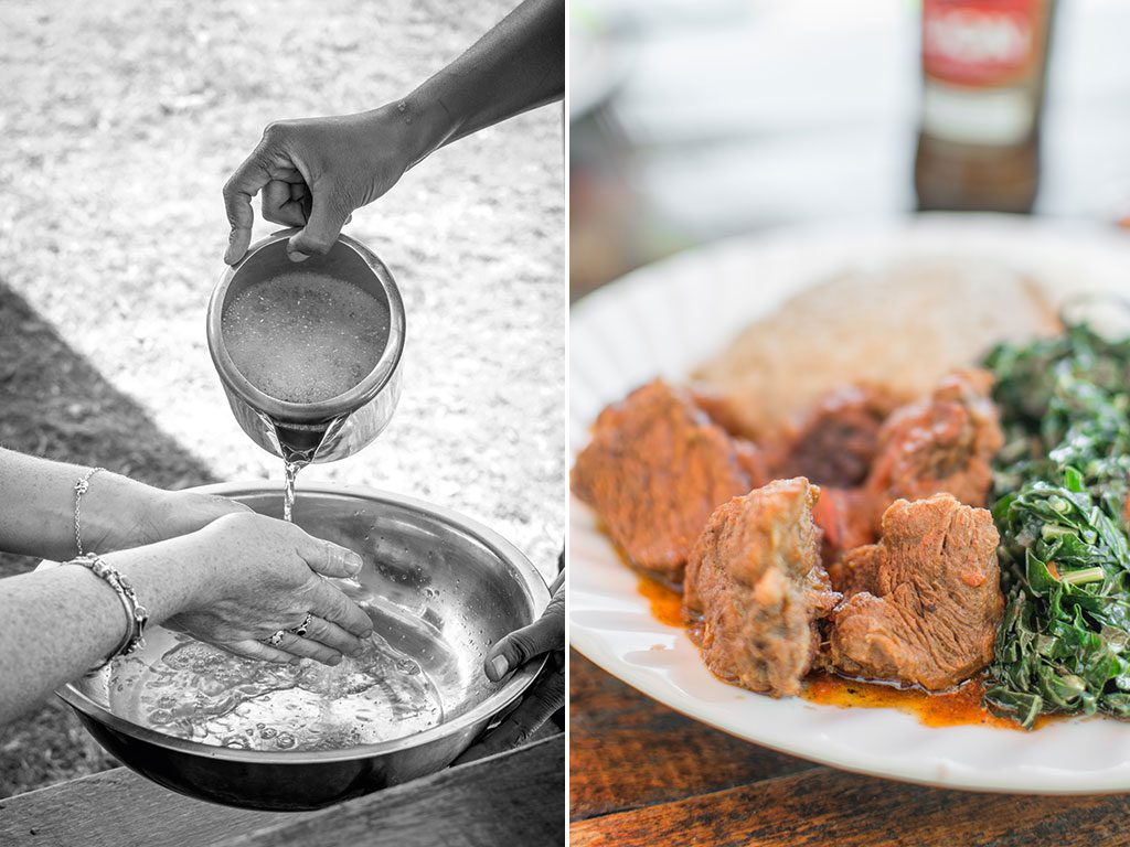 LEFT: Hand washing after a meal at Gava's. RIGHT: African cuisine from Gava;s that's prepared on an open fire.