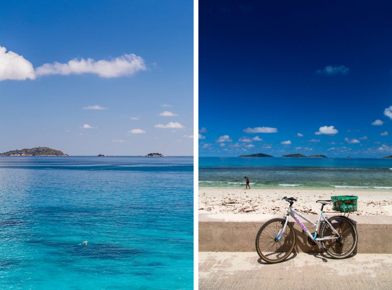 You cycle past beautiful, clear blue water on La Digue Island