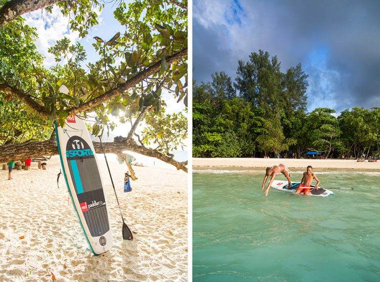 Saturday afternoons at Beau Vallon are for gatherings: groups played volleyball and families set up around picnics while I discovered how great SUP paddling over clear waters can be.