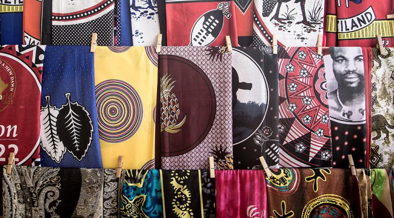 Unique batik items and basketry with King Swati's face is imprinted on most of the Swazi prints. Image by Tyson Jopson