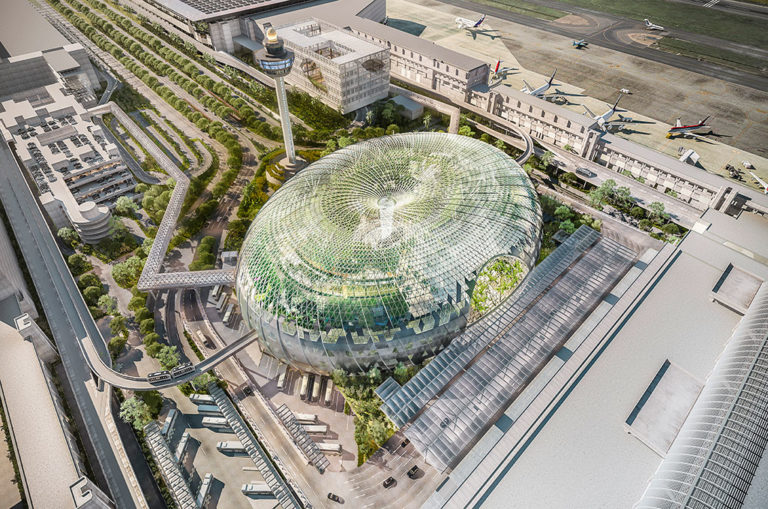 The glass dome regulates the temperature of the forest, restaurants and retail stores. Image: Changi Airport Singapore.