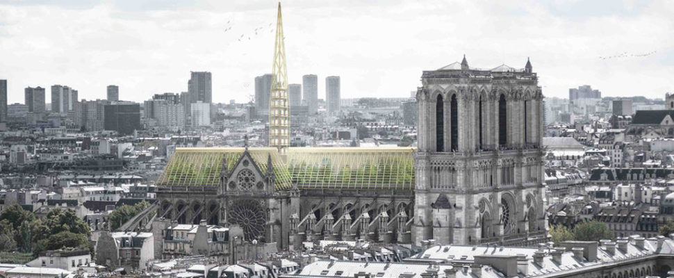 The iconic roof and spire of Notre-Dame need to be rebuilt- Studio NAB see this as a chance to make the city greener. Image: Studio NAB.