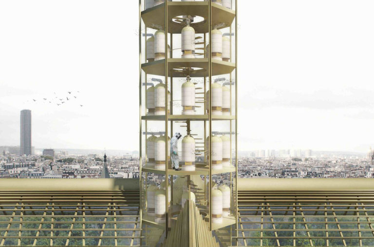 The beehives would be housed in the spire. Image: Studio NAB.