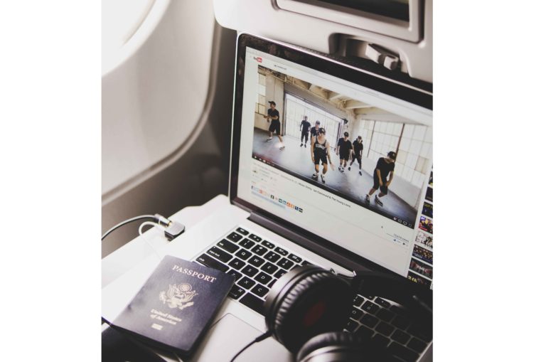 macbook, laptop, airplane, passport, flight