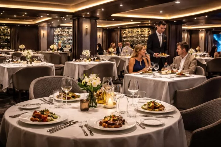 MSC Yacht Club restaurant interior, MSC Cruises dining upgrade, luxury cruise restaurant design, Fantasia Class ship dining room, ocean view cruise restaurant, fine dining at sea MSC, cruise sommelier service, premium cruise experience MSC, elegant ship restaurant lighting, Yacht Club private dining MSC, cruise ship luxury interiors, MSC restaurant refurbishment, sea view dining luxury cruise, modern cruise restaurant layout, MSC Yacht Club menu experience, Getaway Magazine