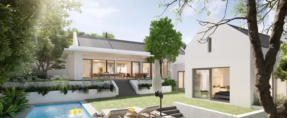 Hazel Oaks Constantia homes, Upper Constantia luxury estate, Cape Town boutique property, Constantia Valley houses, sustainable homes South Africa, solar powered estate Cape Town, modern luxury Constantia, cork oak lined street Cape Town, mountain view homes Constantia, eco estate living Cape Town, Getaway Magazine