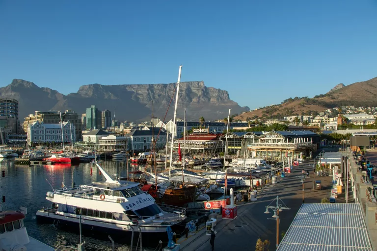 Cape Town superyacht marina, V&A Waterfront harbour yachts, Quay 7 marina development, luxury yachts Cape Town coast, South Africa sailing routes, superyacht docking facilities Africa, Cape maritime infrastructure, V&A Waterfront aerial marina, yacht repair dock Cape Town, Atlantic Seaboard yachts, Getaway Magazine